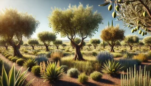 diverse olive tree varieties in a well-maintained olive grove under sunny conditions, showcasing different types of olive trees adapted to various climates.