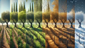 an olive grove through the seasons, showing a dynamic transition from planting in spring with small saplings, to a lush green in summer, to trees laden with ripe olives in fall, and finally, bare trees prepared for winter.