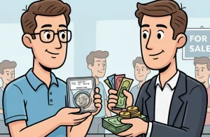 One man holds out a Roosevelt dime in a PCGS slab, and the other holds out money, buying this coin.